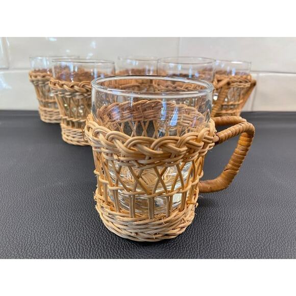 Vintage Woven Rattan Wicker Drinkware Holders Glass Cups (Set of 6) - Picture 2 of 10